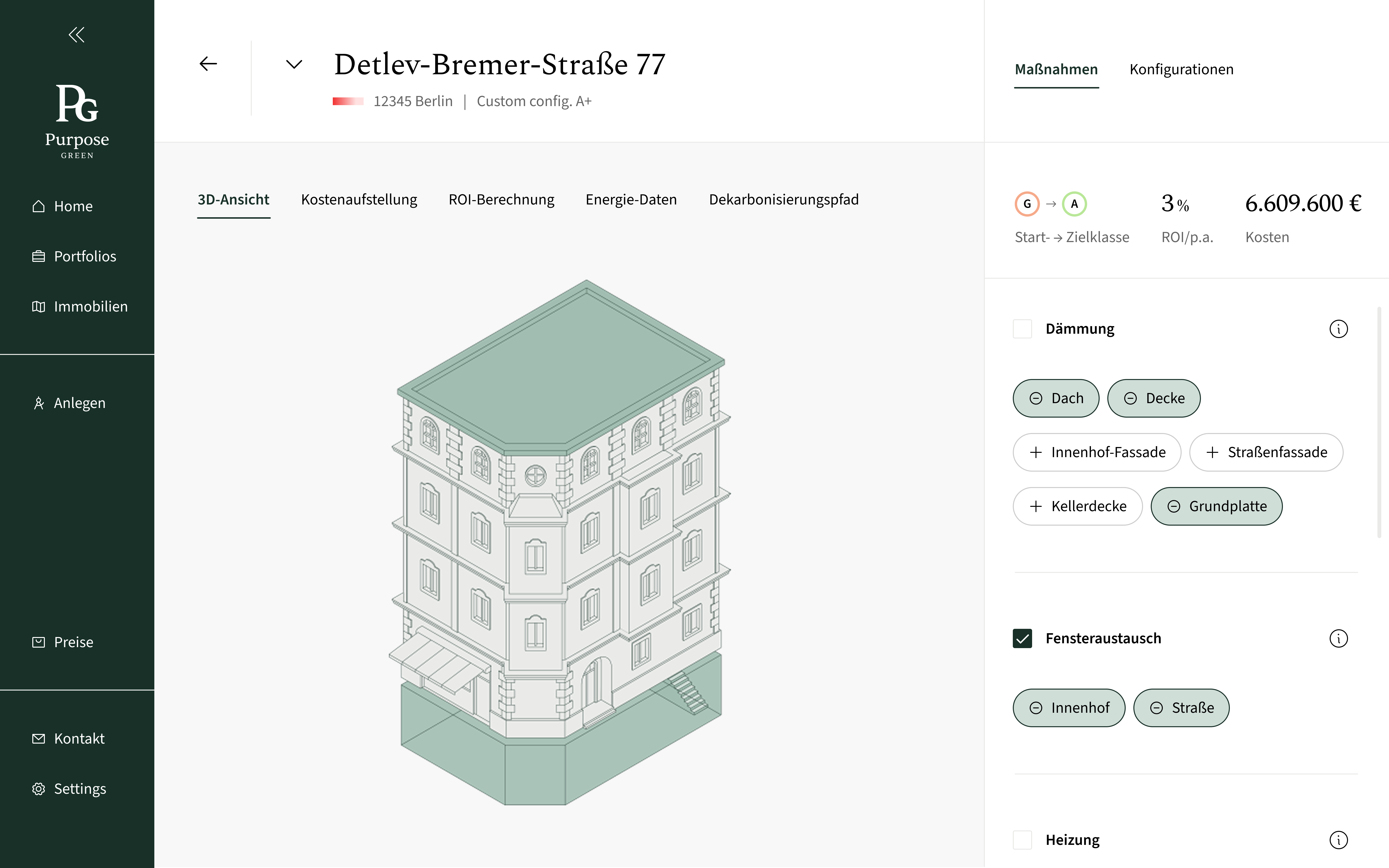 V2. standalone configurator's 3D view tab, with the measures panel and cost/ROI summary persistently visible